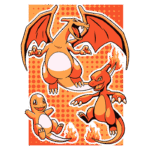 Imagens de Pokémon: Charizard voando, Charmander em pé e um Squirtle animado em um fundo laranja vibrante com chamas.