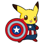 Pikachu vestido como o Capitão América, segurando um escudo com as cores vermelha, branca e azul, exibindo um sorriso amigável.