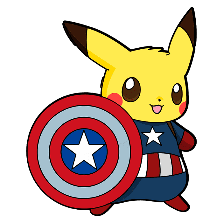 Pikachu vestido como o Capitão América, segurando um escudo com as cores vermelha, branca e azul, exibindo um sorriso amigável.
