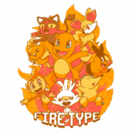 Ilustração colorida de Pokémon do tipo Fogo, incluindo Charmander, Cyndaquil e outros, com chamas ao fundo e a inscrição "FIRE TYPE" em destaque.