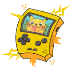 Console de videogame amarelo estilizado com uma tela mostrando um Pikachu divertido. O design inclui botões de controle e detalhes de energia, evocando nostalgia dos jogos clássicos e atraindo fãs de Pokémon.