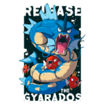 Ilustração de Gyarados, um Pokémon de água e dragão, com expressão agressiva, cercado por Magikarp, destacando o tema "Release the Gyarados". Ideal para fãs de Pokémon e cultura pop.