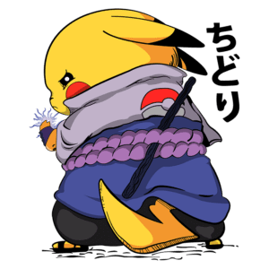 Pikachu vestido como um ninja, com uma capa roxa e segurando uma kunai, emitindo eletricidade. Fundo verde com texto em japonês.