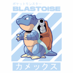 Imagem do Pokémon Blastoise, uma tartaruga gigante com canhões em suas costas. O fundo apresenta linhas diagonais em verde e azul, destacando o personagem. O nome "Blastoise" e o texto em japonês (カメックス) estão visíveis na parte superior e inferior da imagem.