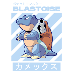 Imagem do Pokémon Blastoise, uma tartaruga gigante com canhões em suas costas. O fundo apresenta linhas diagonais em verde e azul, destacando o personagem. O nome "Blastoise" e o texto em japonês (カメックス) estão visíveis na parte superior e inferior da imagem.