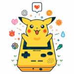 Ilustração colorida de Pikachu saindo de um console Game Boy amarelo, cercado por ícones de elementos como água, fogo e corações, representando a cultura dos jogos Pokémon.
