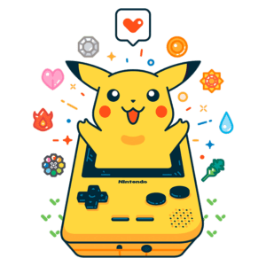 Ilustração colorida de Pikachu saindo de um console Game Boy amarelo, cercado por ícones de elementos como água, fogo e corações, representando a cultura dos jogos Pokémon.