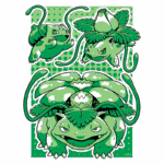 Ilustração dos Pokémon Bulbasaur, Ivysaur e Venusaur em tons de verde, com destaque para suas características únicas e evolução. O fundo apresenta um padrão de bolinhas que complementa a temática botânica dos personagens. Ideal para fãs de Pokémon e colecionadores de arte.