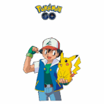 Ash Ketchum segurando Pikachu, personagens icônicos de Pokémon, com o logotipo de Pokémon GO acima.