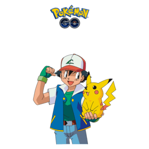 Ash Ketchum segurando Pikachu, personagens icônicos de Pokémon, com o logotipo de Pokémon GO acima.
