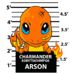 Imagem de um Charmander cartoon no estilo de uma ficha policial, com uma placa indicando "CHARMANDER 83BVTS654MFG6 ARSON". O personagem é laranja, com um olhar expressivo e uma cauda em chamas, posicionado em frente a uma régua de altura.