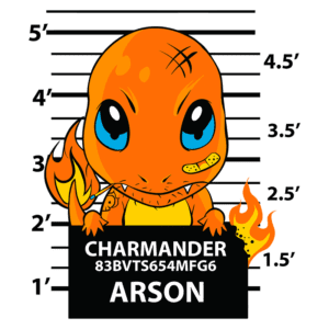 Imagem de um Charmander cartoon no estilo de uma ficha policial, com uma placa indicando "CHARMANDER 83BVTS654MFG6 ARSON". O personagem é laranja, com um olhar expressivo e uma cauda em chamas, posicionado em frente a uma régua de altura.