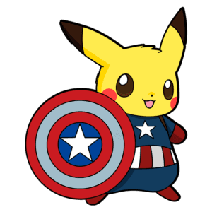 Pikachu vestido como Capitão América, segurando um escudo com as cores e símbolos icônicos do super-herói, em um fundo verde.