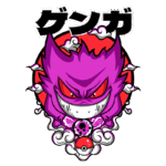 Imagem de um Pokémon roxo, com um design malvado e expressões ameaçadoras. O personagem está rodeado por nuvens brancas e apresenta detalhes em preto e vermelho. O nome "Gengar" está escrito em japonês na parte superior da imagem.