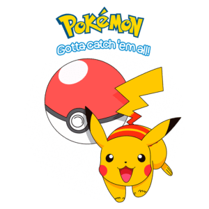 Imagem do Pikachu, personagem icônico da franquia Pokémon, ao lado de uma Pokébola, com o texto "Pokémon" e a frase "Gotta catch 'em all!" em destaque, representando a busca por capturar todas as criaturas da série.