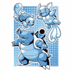 Ilustração de três Pokémon da linha evolutiva de Squirtle: Squirtle, Wartortle e Blastoise, todos em tons de azul, com um fundo azul e bolinhas.