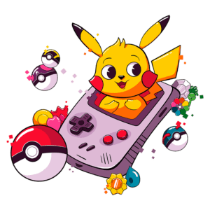 Ilustração colorida de Pikachu sentado em um console de videogame Game Boy, cercado por Pokébolas e itens do universo Pokémon, simbolizando a nostalgia dos jogos clássicos da franquia.