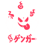 Imagem do Pokémon Gengar, representado com um design divertido e estilizado, em tons de roxo e vermelho, exibindo um sorriso malicioso e uma língua estendida, com elementos de fumaça ao redor. O nome "ゲンガー" está escrito em estilo japonês na parte inferior.