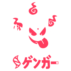 Imagem do Pokémon Gengar, representado com um design divertido e estilizado, em tons de roxo e vermelho, exibindo um sorriso malicioso e uma língua estendida, com elementos de fumaça ao redor. O nome "ゲンガー" está escrito em estilo japonês na parte inferior.
