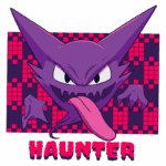 Imagem do Pokémon Haunter, um fantasma roxo com olhos grandes e expressivos, mostrando a língua e com uma expressão ameaçadora. O fundo é composto por um padrão em tons de rosa e roxo, destacando a figura do Pokémon.