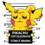 Pikachu em uma caricatura com expressão triste, posicionado em uma placa de identificação com as palavras "Pikachu 1DF3SJGM456 Street Brawl", com marcas de altura ao fundo.