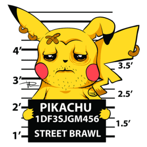 Pikachu em uma caricatura com expressão triste, posicionado em uma placa de identificação com as palavras "Pikachu 1DF3SJGM456 Street Brawl", com marcas de altura ao fundo.