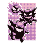 Imagem dos Pokémon Gengar, Haunter e Gastly, representados em um estilo artístico vibrante, com fundo rosa e bolinhas. Gengar é o mais destacado, sorrindo de forma travessa, enquanto Haunter e Gastly flutuam ao seu redor.