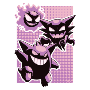 Imagem dos Pokémon Gengar, Haunter e Gastly, representados em um estilo artístico vibrante, com fundo rosa e bolinhas. Gengar é o mais destacado, sorrindo de forma travessa, enquanto Haunter e Gastly flutuam ao seu redor.