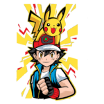 Personagem anime com cabelo preto e boné vermelho, segurando o punho cerrado, enquanto um Pikachu sorridente está em sua cabeça, com fundo amarelo e vermelho.
