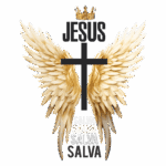 Imagem com a palavra "Jesus" em destaque, uma cruz preta centralizada, asas de anjo douradas e a palavra "salva" repetida em diferentes tamanhos, simbolizando proteção e fé. Ideal para temas religiosos e espirituais.