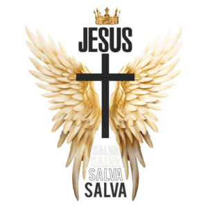 Imagem com a palavra "Jesus" em destaque, uma cruz preta centralizada, asas de anjo douradas e a palavra "salva" repetida em diferentes tamanhos, simbolizando proteção e fé. Ideal para temas religiosos e espirituais.