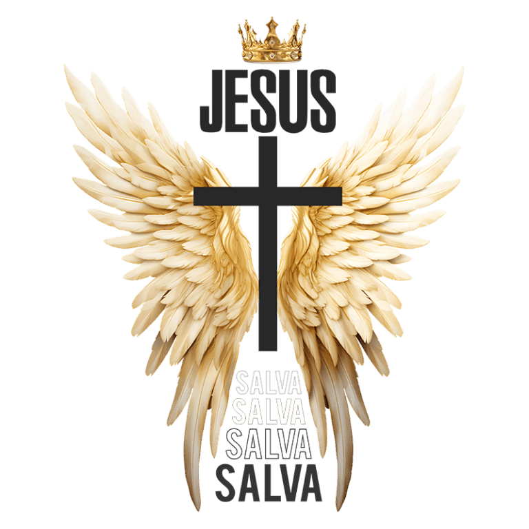 Imagem com a palavra "Jesus" em destaque, uma cruz preta centralizada, asas de anjo douradas e a palavra "salva" repetida em diferentes tamanhos, simbolizando proteção e fé. Ideal para temas religiosos e espirituais.