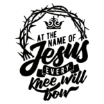 Texto em destaque com a frase "Ao nome de Jesus, todo joelho se dobrará", cercado por uma coroa de espinhos, simbolizando a fé cristã e a reverência. Ideal para uso em conteúdo religioso e inspiracional.