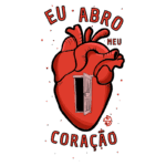 Ilustração de um coração vermelho com uma porta aberta, acompanhada da frase "Eu abro meu coração". A imagem simboliza a abertura emocional e a vulnerabilidade. Ideal para temas de amor e autoaceitação.