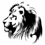 Desenho estilizado de um leão em perfil, destacando sua majestosa cabeleira e traços expressivos, ideal para representações artísticas ou temas relacionados à força e liderança.
