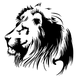 Desenho estilizado de um leão em perfil, destacando sua majestosa cabeleira e traços expressivos, ideal para representações artísticas ou temas relacionados à força e liderança.