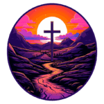 Cruz em um cenário montanhoso ao pôr do sol, com um caminho sinuoso e vegetação ao redor, retratando uma atmosfera serena e espiritual.