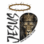 Imagem com o texto "Jesus" e a representação de um leão majestoso usando uma coroa, acompanhado da frase "Leão da Tribo de Judá", simbolizando a força e a realeza de Jesus na tradição cristã.