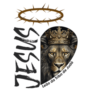 Imagem com o texto "Jesus" e a representação de um leão majestoso usando uma coroa, acompanhado da frase "Leão da Tribo de Judá", simbolizando a força e a realeza de Jesus na tradição cristã.