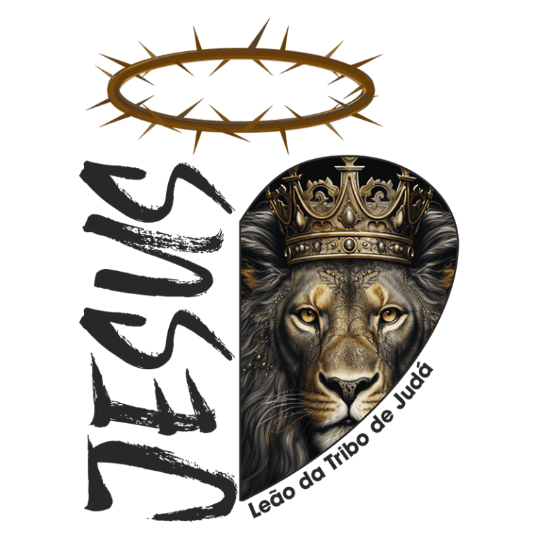 Imagem com o texto "Jesus" e a representação de um leão majestoso usando uma coroa, acompanhado da frase "Leão da Tribo de Judá", simbolizando a força e a realeza de Jesus na tradição cristã.