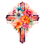 Cruz decorativa com flores coloridas em aquarela, incluindo rosas, margaridas e folhagens, simbolizando fé e beleza. Ideal para temas religiosos e arte floral.
