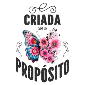 Imagem colorida de uma borboleta azul vibrante ao lado de flores rosas, com a palavra "Criada" acima e "Proposto" abaixo em destaque, simbolizando beleza e criatividade.