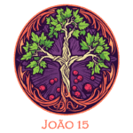 Ilustração estilizada de uma árvore com folhas verdes e frutos vermelhos, rodeada por um círculo decorativo, acompanhada do texto "João 15". Representa a conexão entre a natureza e a espiritualidade.