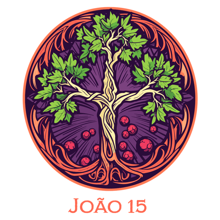 Ilustração estilizada de uma árvore com folhas verdes e frutos vermelhos, rodeada por um círculo decorativo, acompanhada do texto "João 15". Representa a conexão entre a natureza e a espiritualidade.