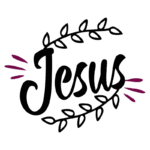 Texto estilizado com a palavra "Jesus" cercada por folhas e elementos decorativos, simbolizando fé e espiritualidade.