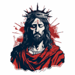 Ilustração de Jesus Cristo com coroa de espinhos, retratado em estilo artístico. A imagem destaca o rosto sereno de Jesus, com cabelos longos e barba, vestindo uma túnica vermelha. O fundo apresenta respingos de tinta vermelha, simbolizando sacrifício e paixão.