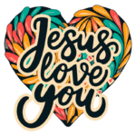 Imagem com design colorido em forma de coração, apresentando a frase "Jesus love you" em destaque, rodeada por elementos florais vibrantes. Ideal para transmitir mensagens de amor e fé cristã.