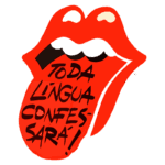 Ilustração de um lábio vermelho com a frase "Toda língua confessará!" em destaque, simbolizando expressão e comunicação. Ideal para temas relacionados à música, cultura pop e arte.