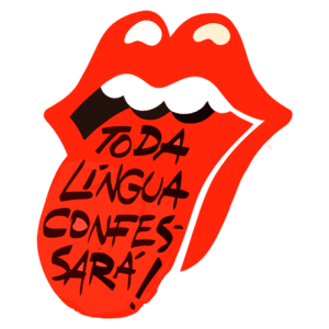 Ilustração de um lábio vermelho com a frase "Toda língua confessará!" em destaque, simbolizando expressão e comunicação. Ideal para temas relacionados à música, cultura pop e arte.