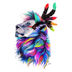Leão colorido com penas na cabeça, representando força e criatividade, em estilo artístico vibrante e moderno.
